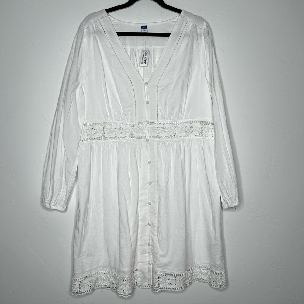 Old Navy White Long Sleeve Button-Front Dress with Lace Waist and Hem